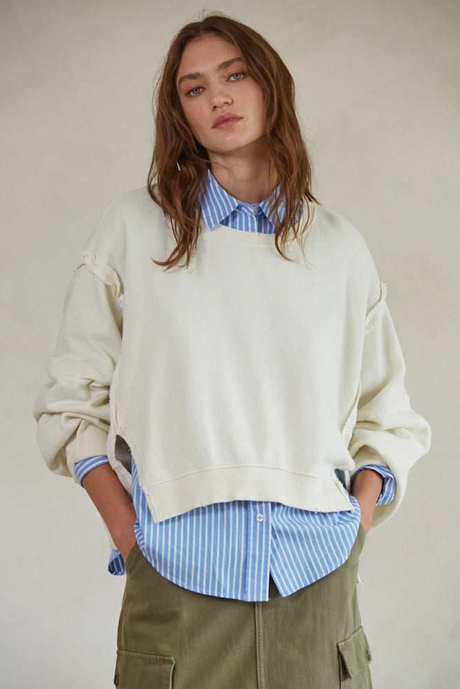 Knit Crew Neck Long Sleeve Pullover Top (Ivory)