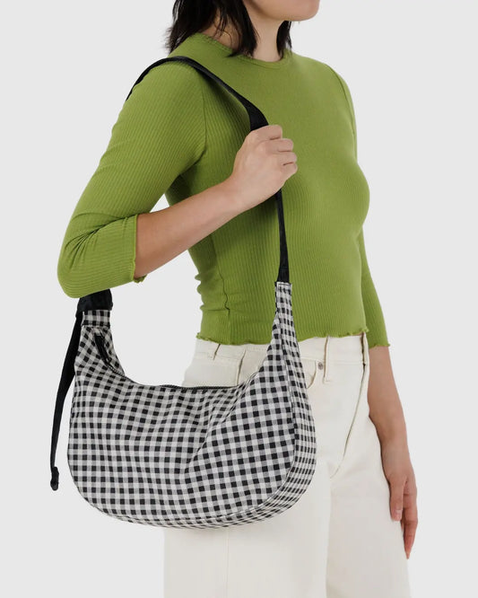 Medium Nylon Crescent Bag (Black & White Gingham)