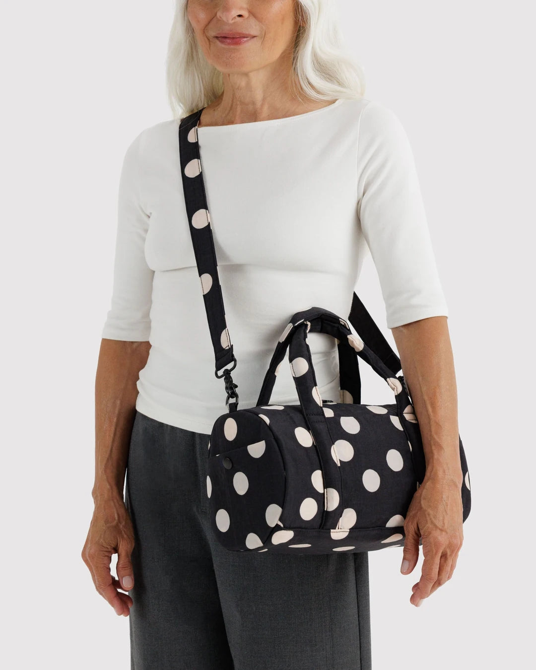 Black And Cream Polka Dot Nylon Duffle Bag