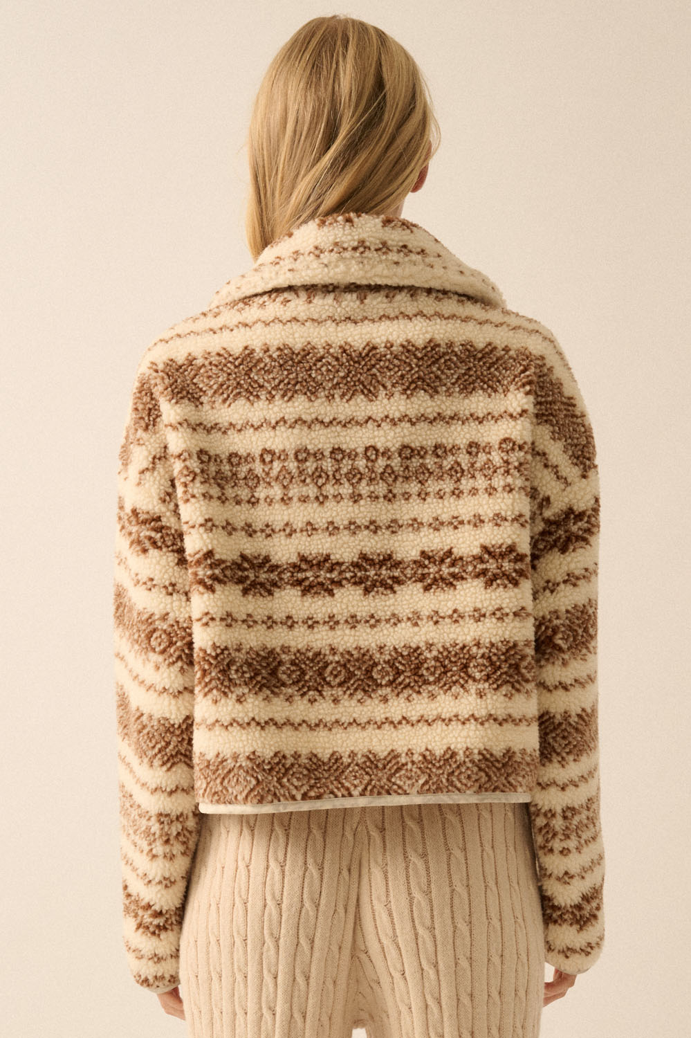 Alpine-Print Sherpa Fleece Pocket Jacket