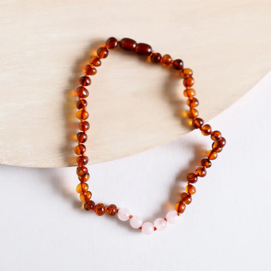 Polished Cognac Amber + Pink Rose Quartz || Beaded Necklace