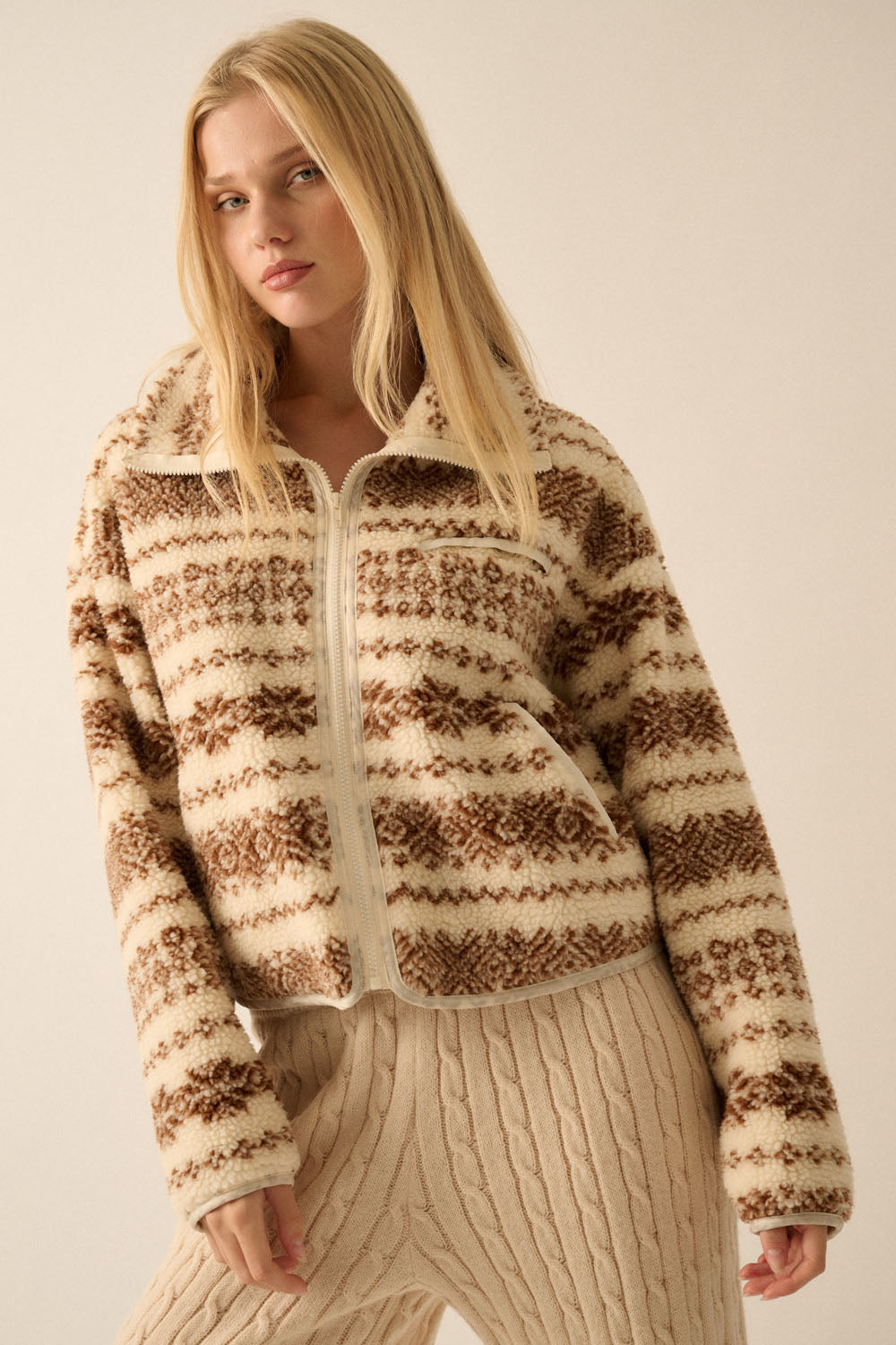 Alpine-Print Sherpa Fleece Pocket Jacket