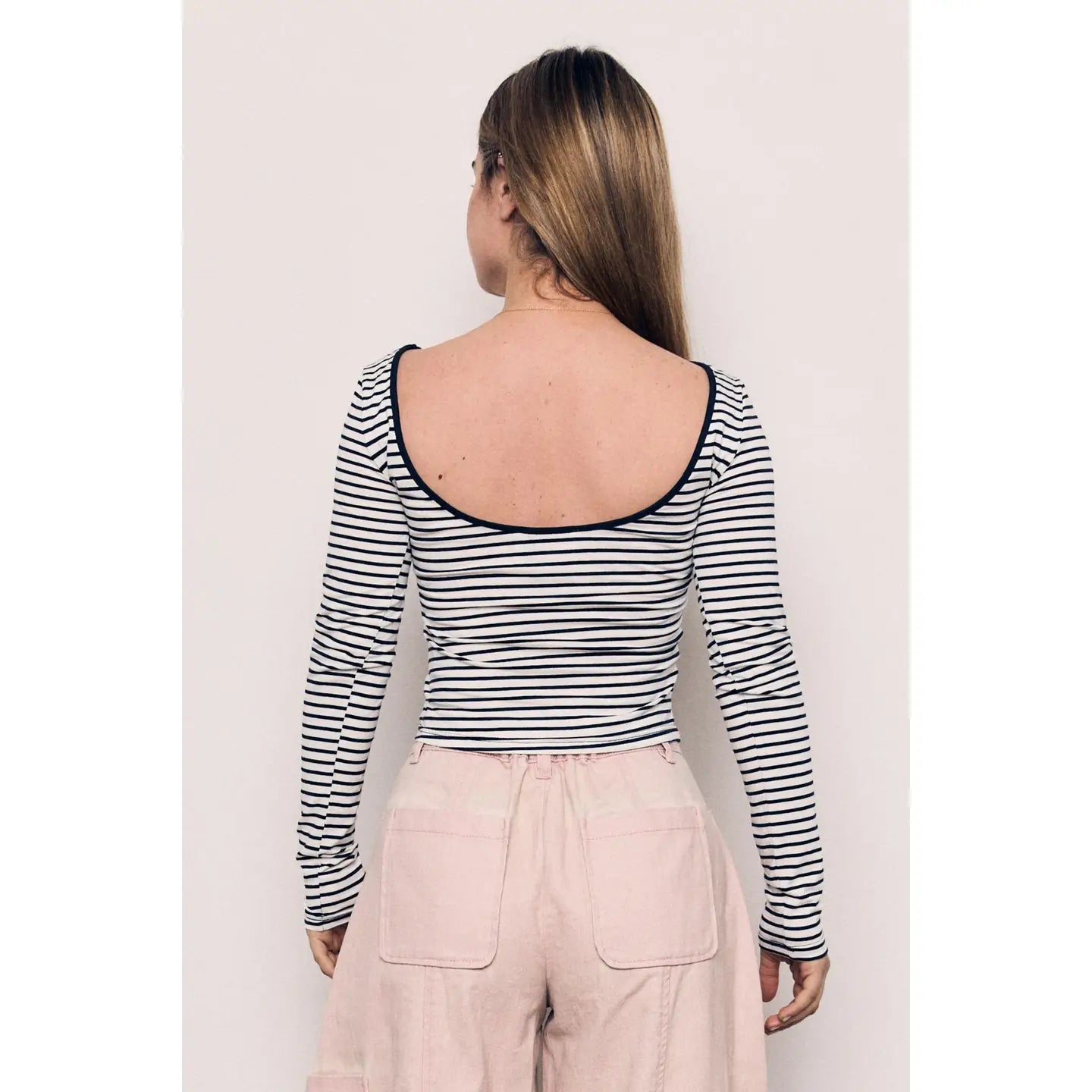 Open Back Striped Long Sleeve Fitted Cotton Tee
