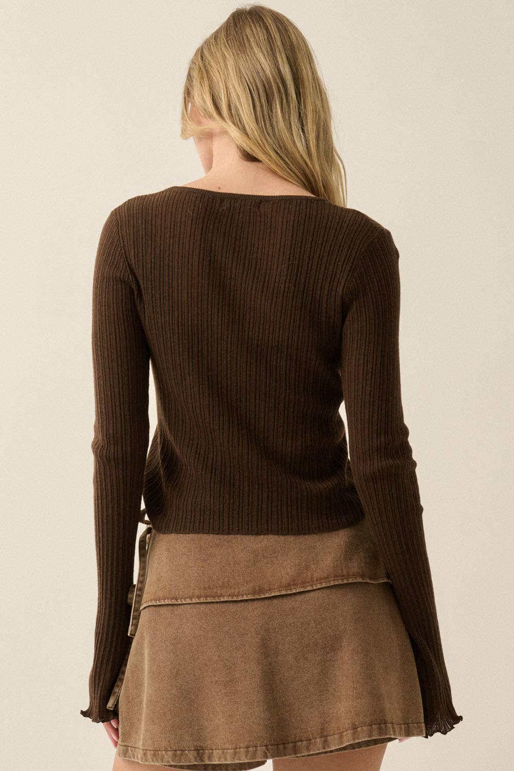 Solid Ribbed Knit Cropped Fitted Layered Bell-Sleeve Top