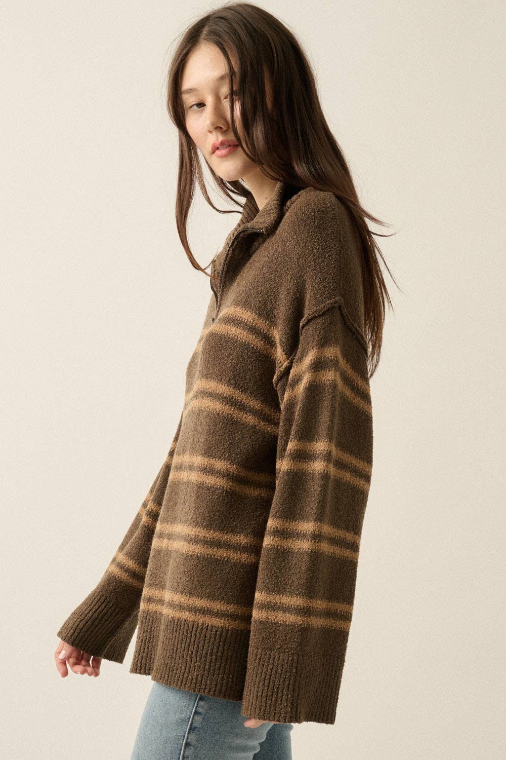 Textured Striped Knit Quarter-Zip Sweater