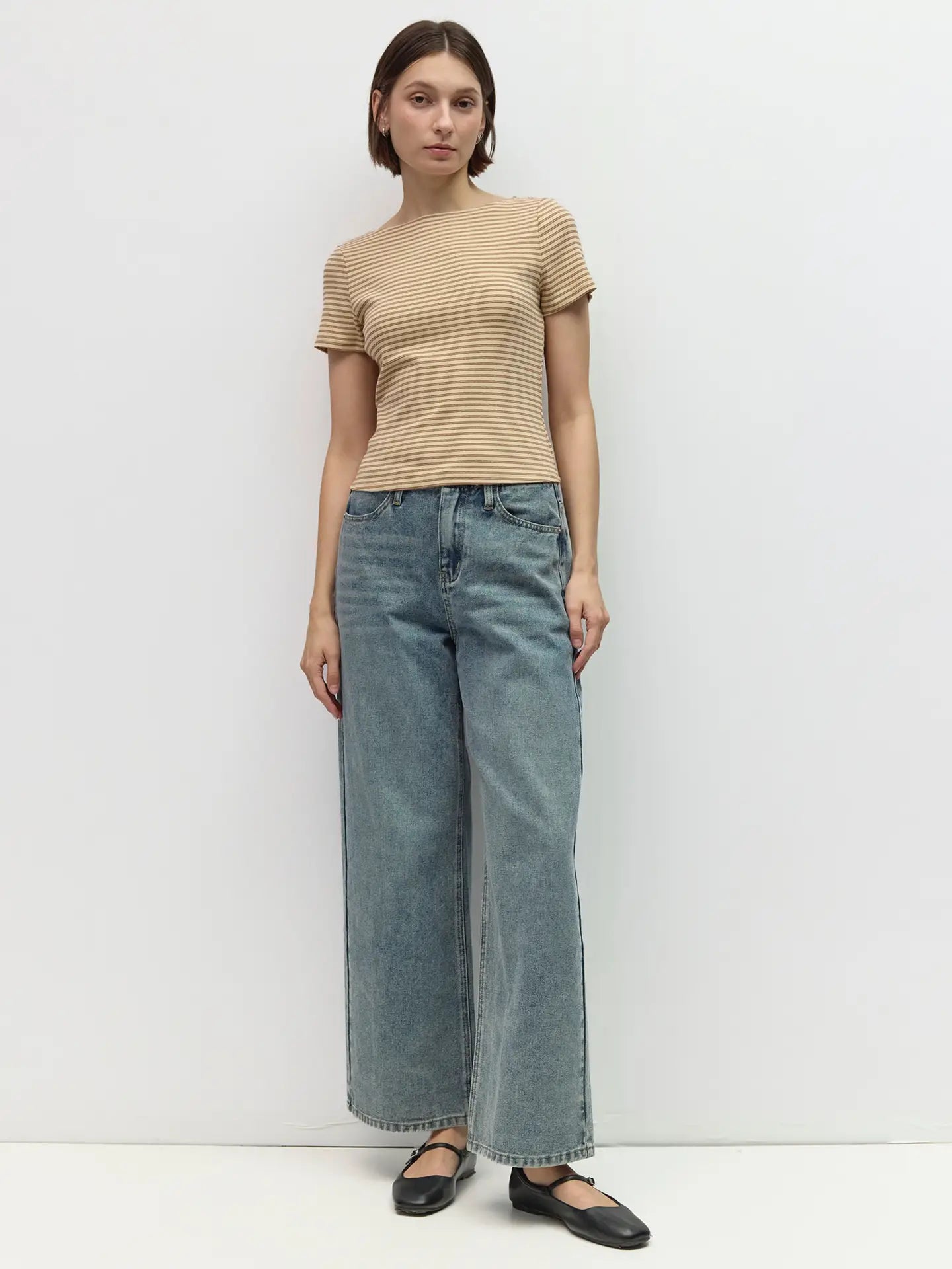 Striped Wide Neck Tee - Cream/Brown