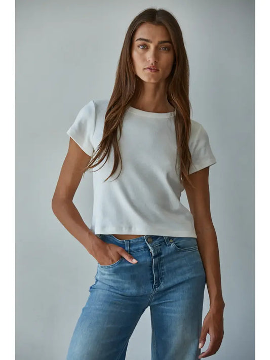 Off White Knit Cotton Round Neck Short Sleeve Crop Top