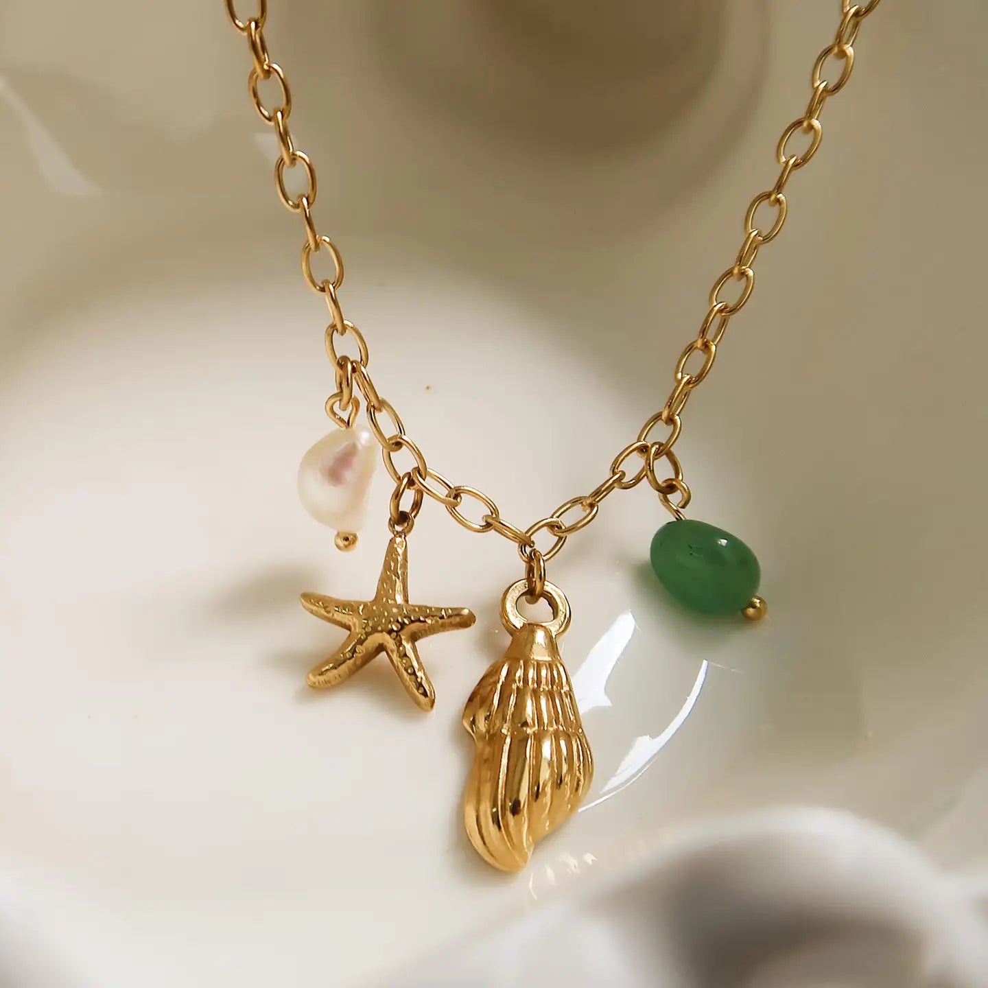 Bonbon 18K Gold Non-Tarnish Pearl and Shell Charm Necklace