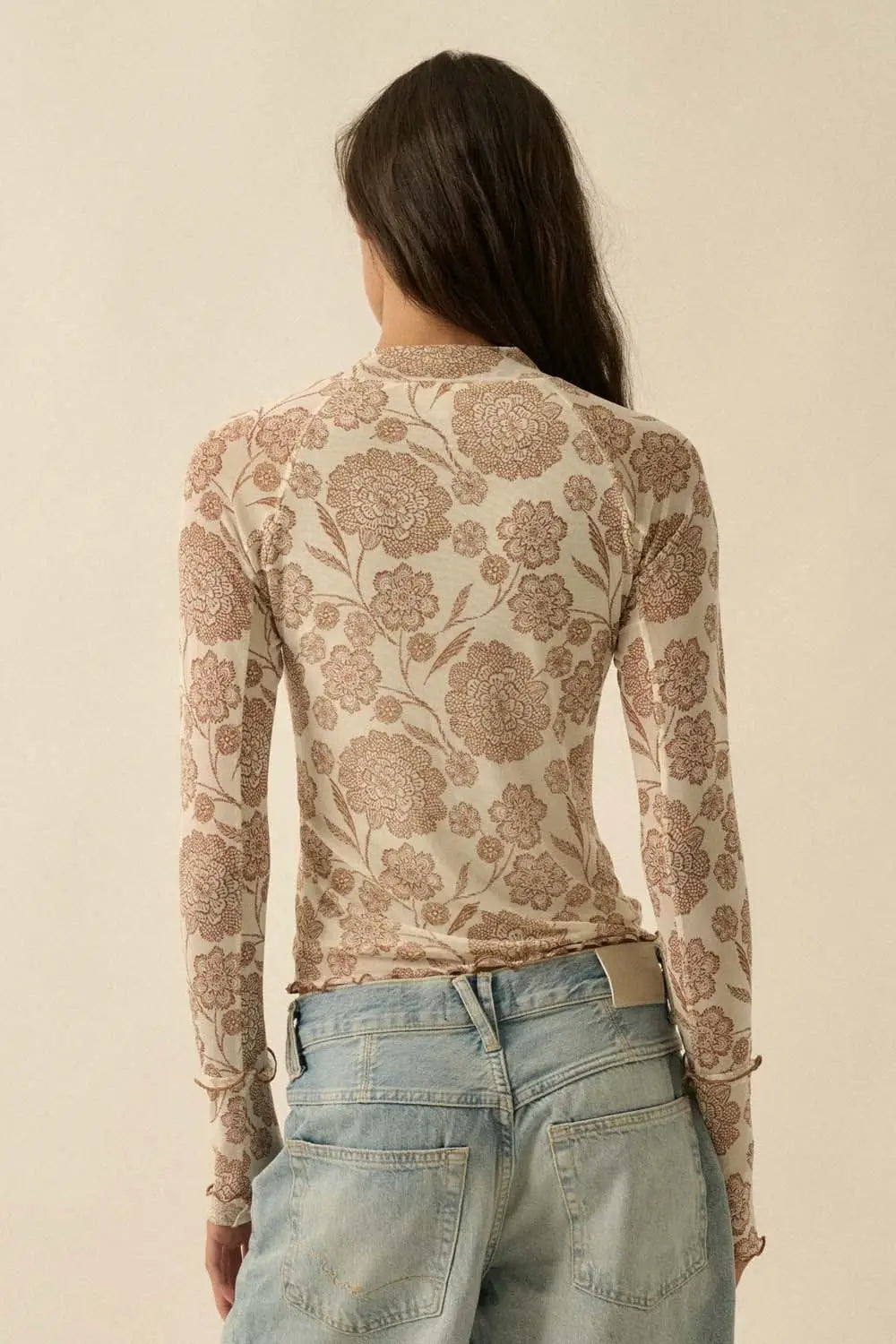 Floral Mesh Mock-Neck Raglan Top