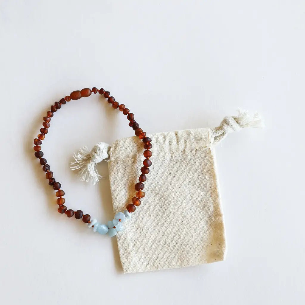 Raw Cognac Baltic Amber + Aquamarine || Necklace