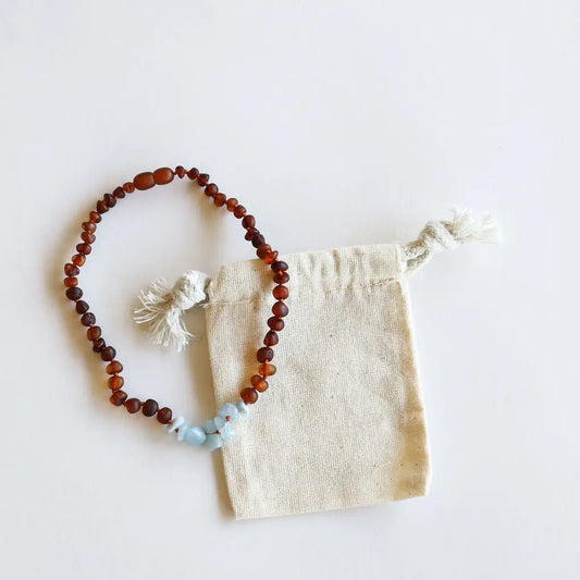 Raw Cognac Baltic Amber + Aquamarine || Necklace