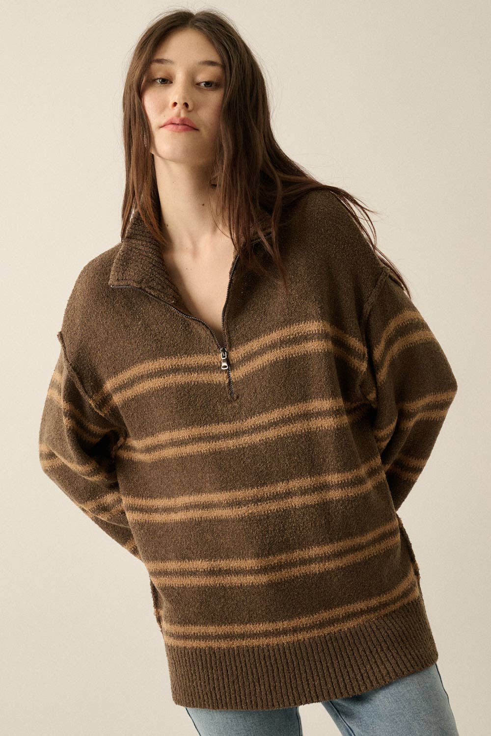 Textured Striped Knit Quarter-Zip Sweater