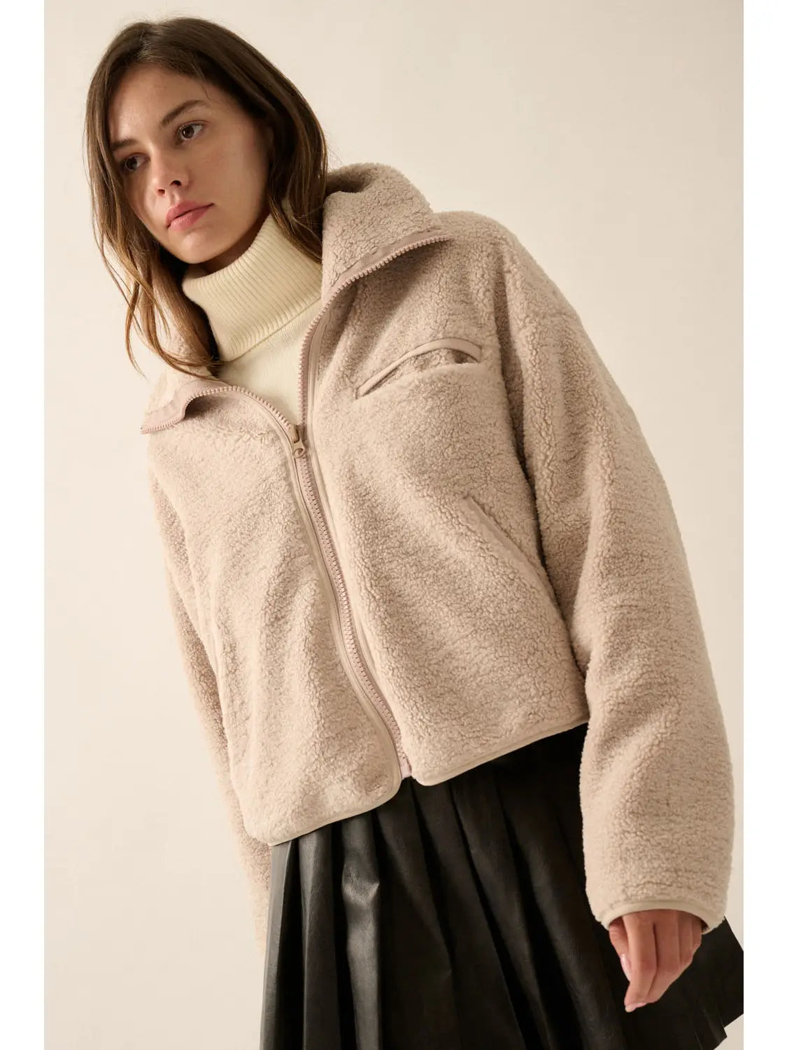 Solid Sherpa Fleece Zip-Up Pocket Jacket