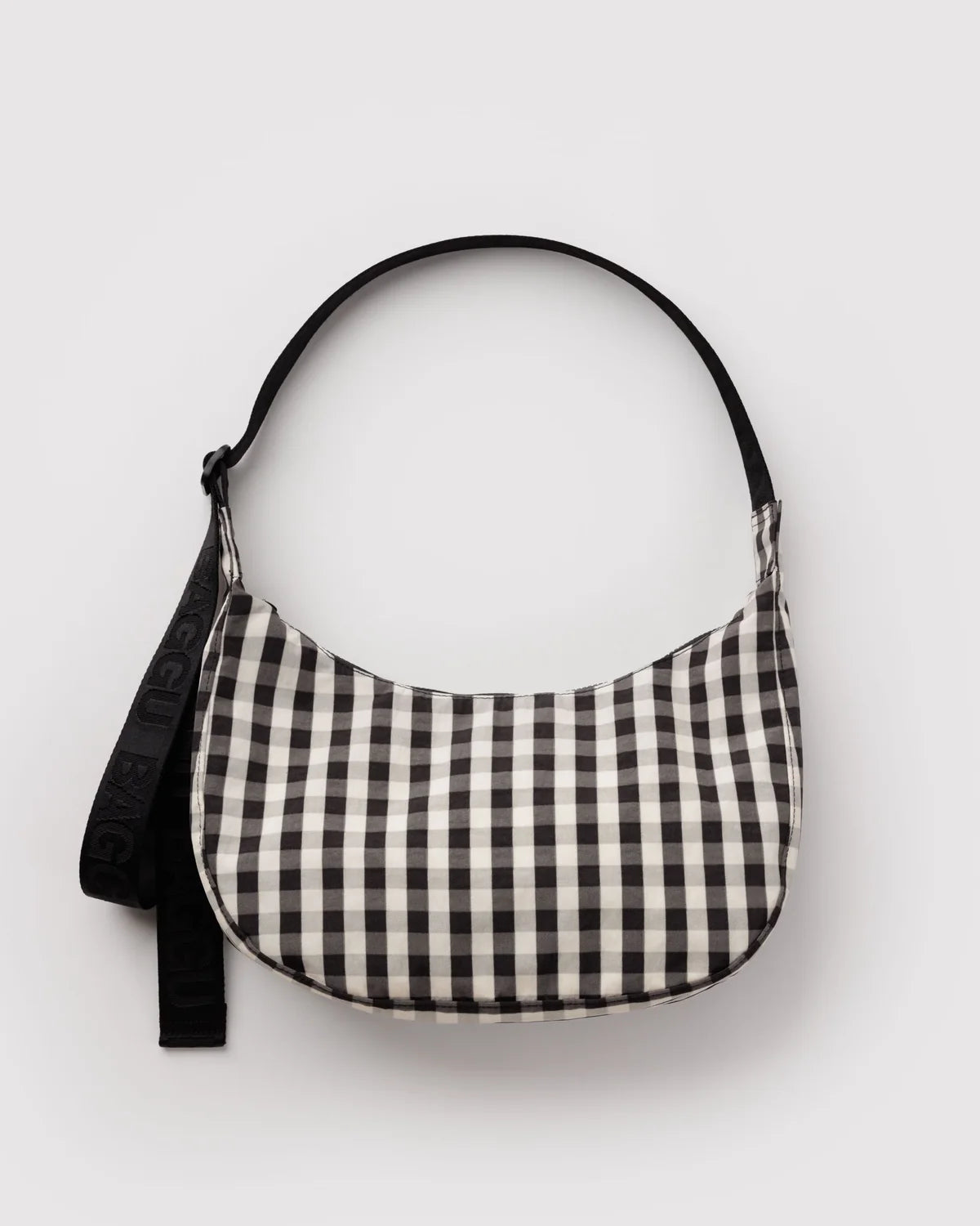 Black And Cream Gingham Medium Nylon Crescent Bag
