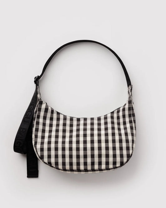 Black And Cream Gingham Medium Nylon Crescent Bag