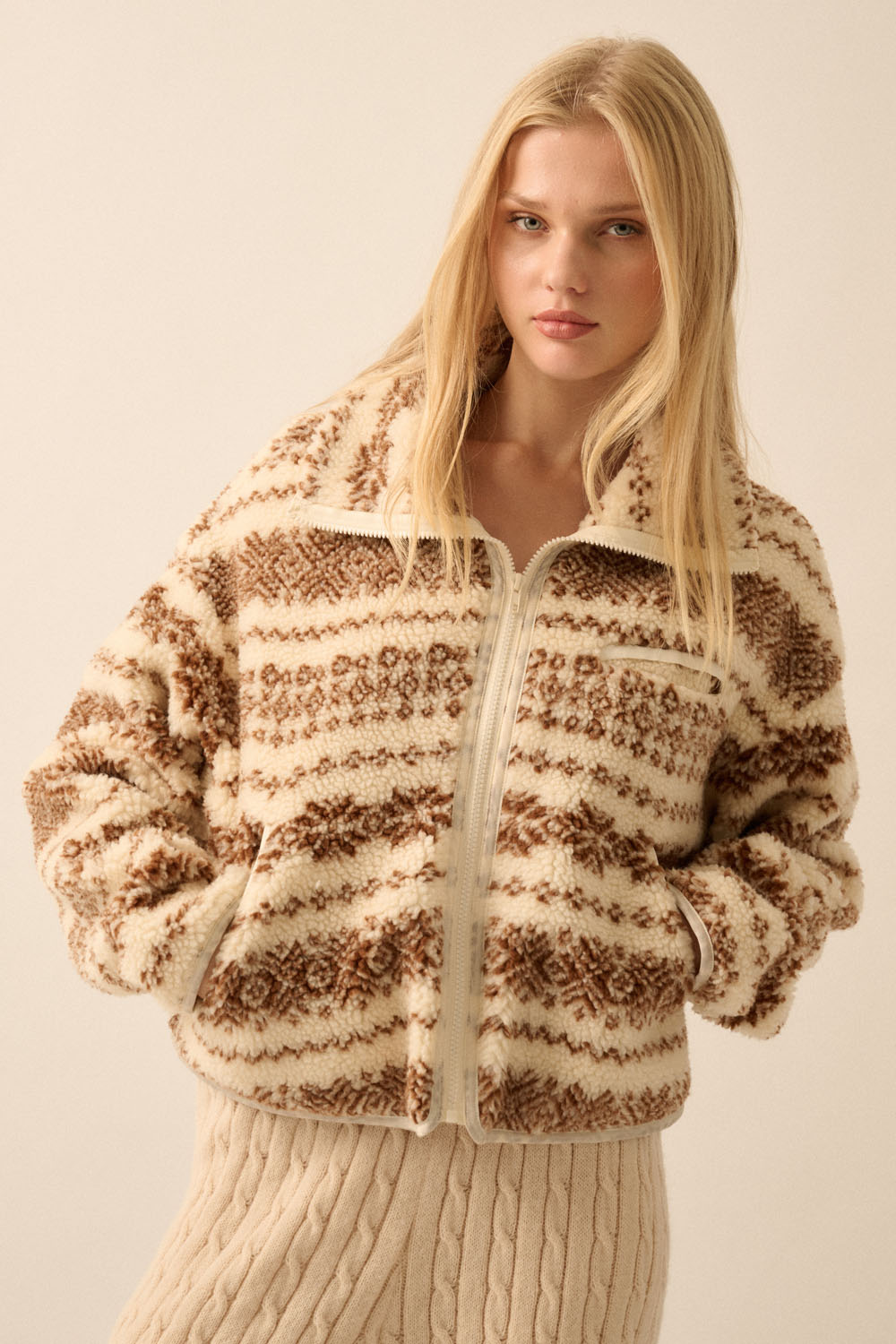 Alpine-Print Sherpa Fleece Pocket Jacket