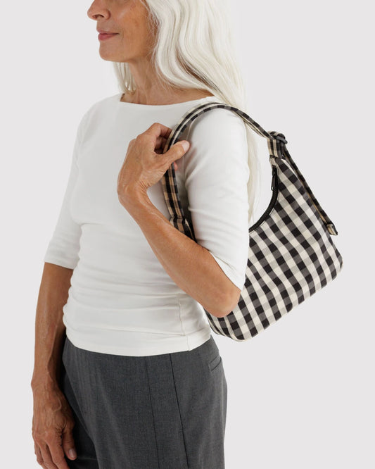 Black And Cream Gingham Mini Nylon Shoulder Bag