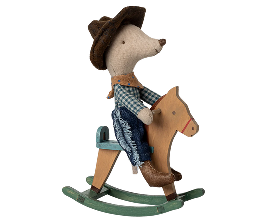 PRE-ORDER Cowboy mouse on rocking horse, Little brother (ships in June)