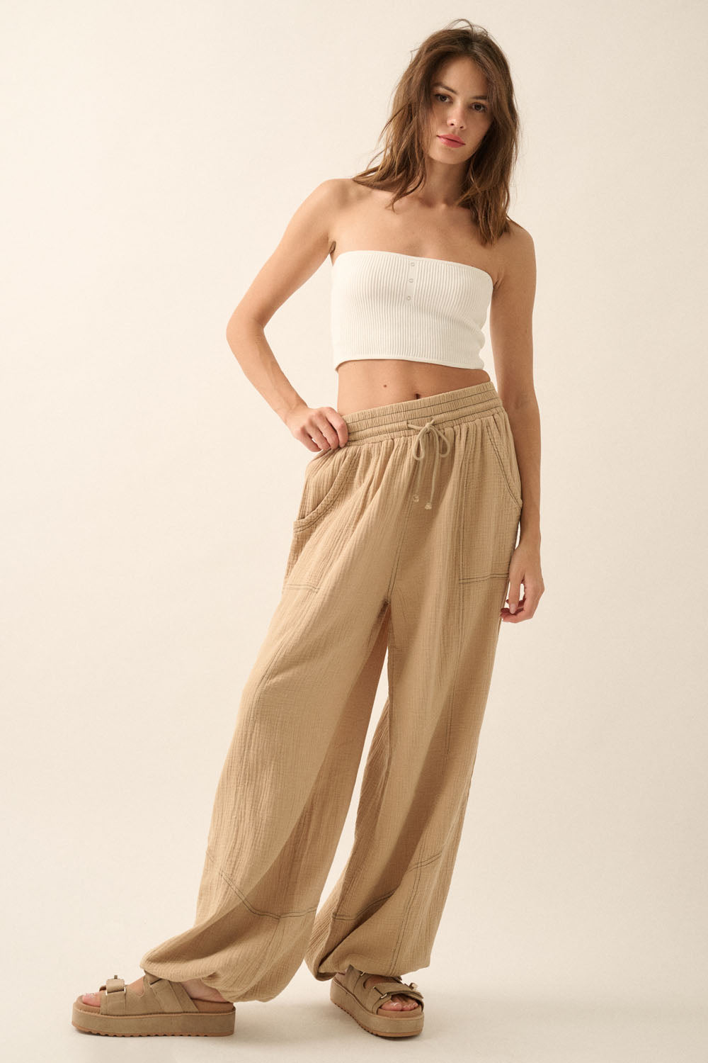 Mineral Washed Crinkle Cotton Parachute Pants (Sand)