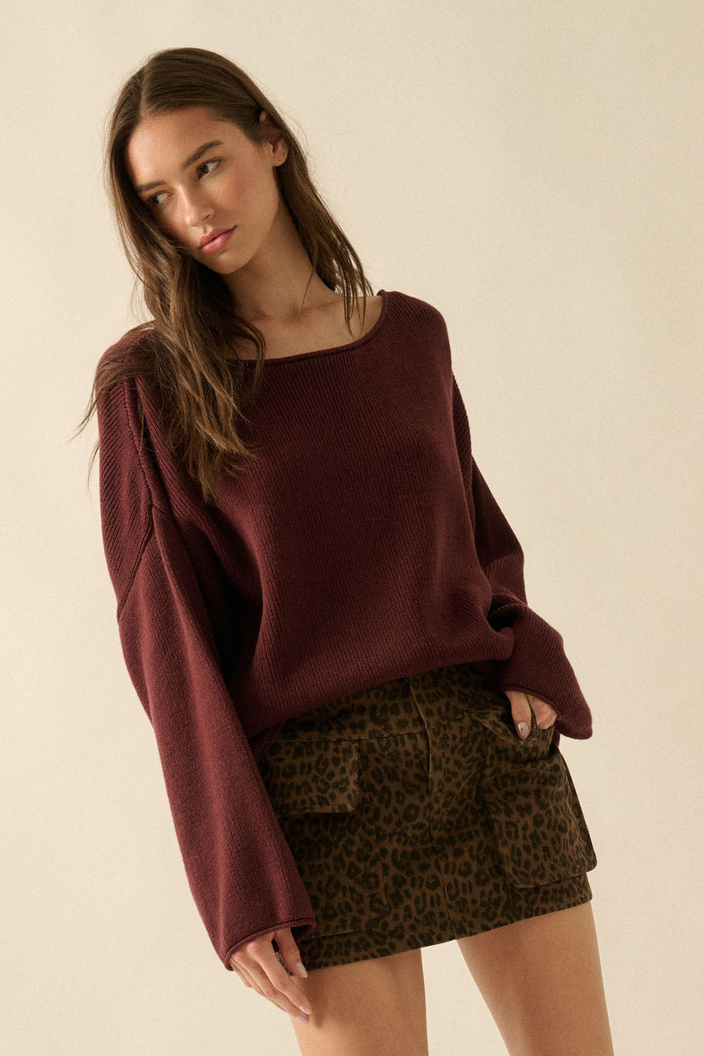 Solid Rib-Knit Oversized Boatneck Sweater (Baked Plum)