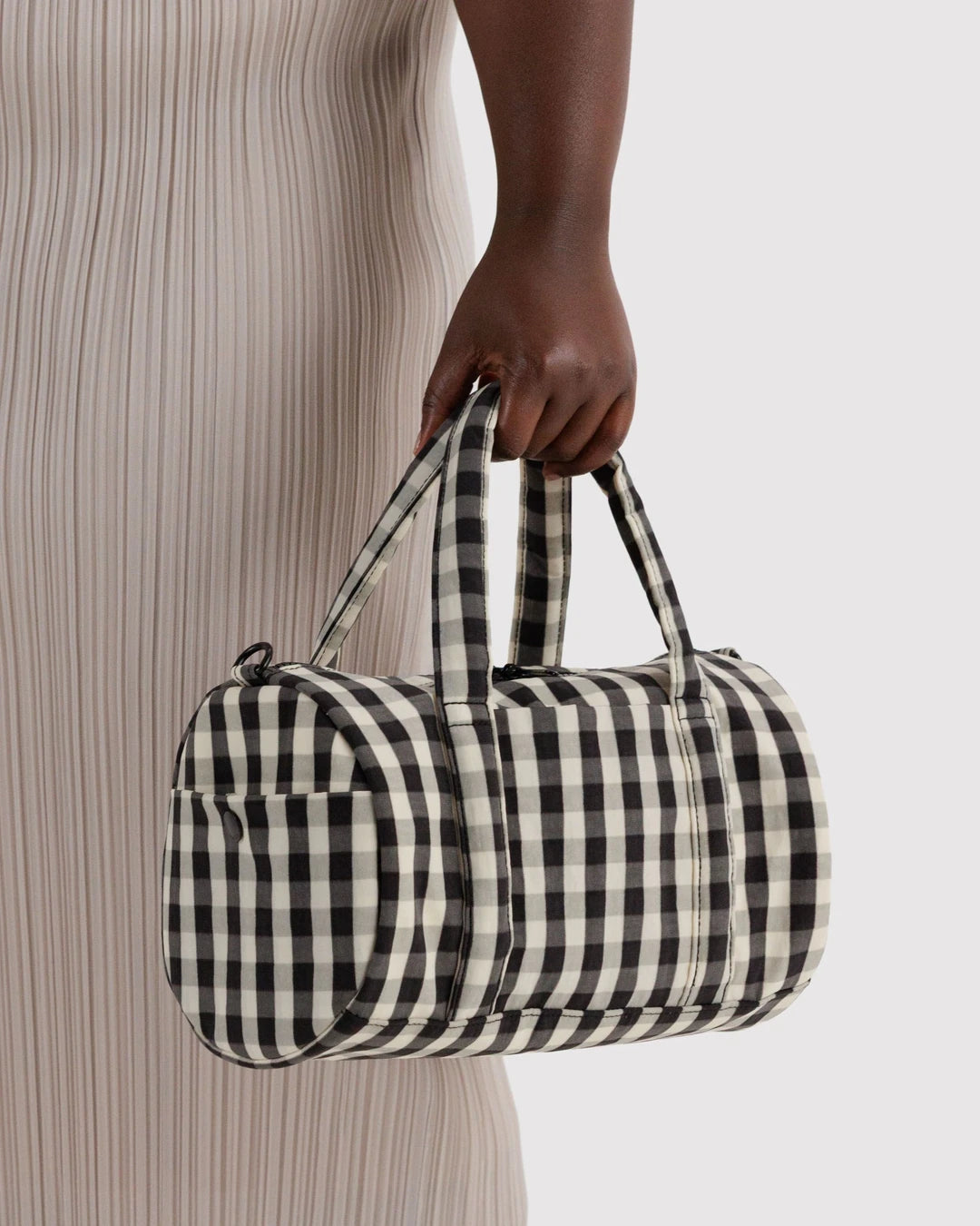 Black And Cream Gingham Nylon Duffle Bag