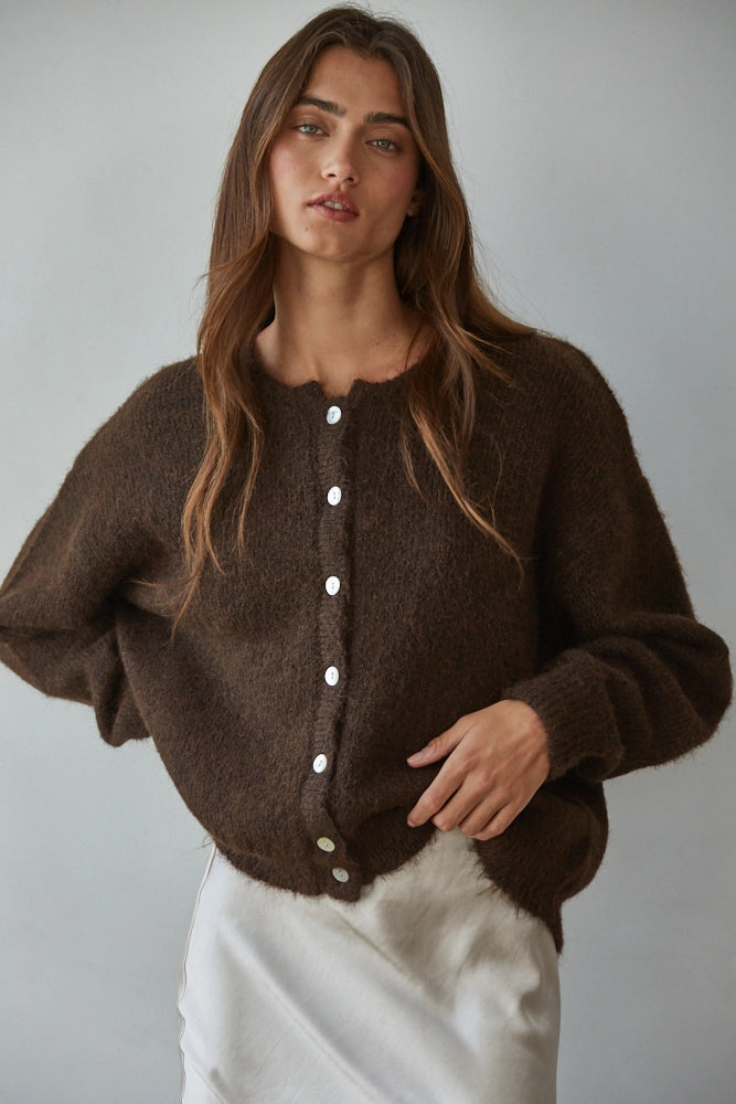 Knit Sweater Round Neck Long Sleeve Cardigan Top (Chocolate Brown)