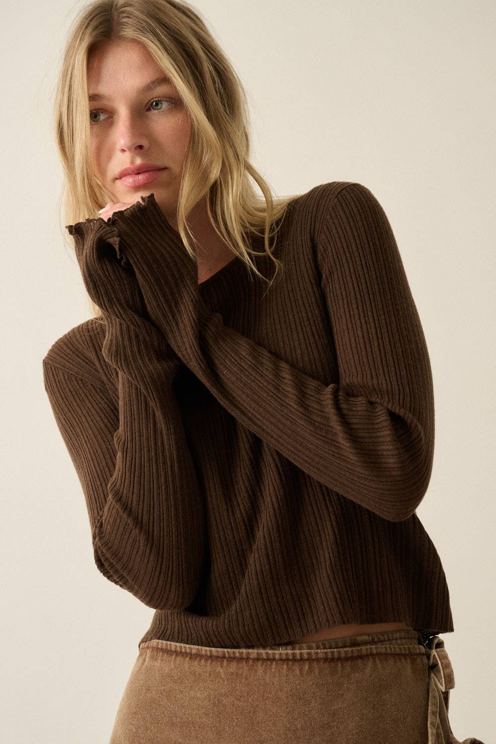 Solid Ribbed Knit Cropped Fitted Layered Bell-Sleeve Top