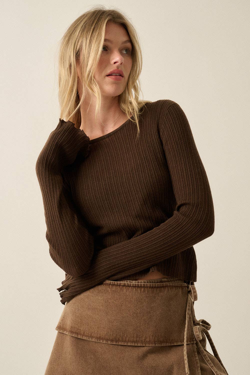 Solid Ribbed Knit Cropped Fitted Layered Bell-Sleeve Top