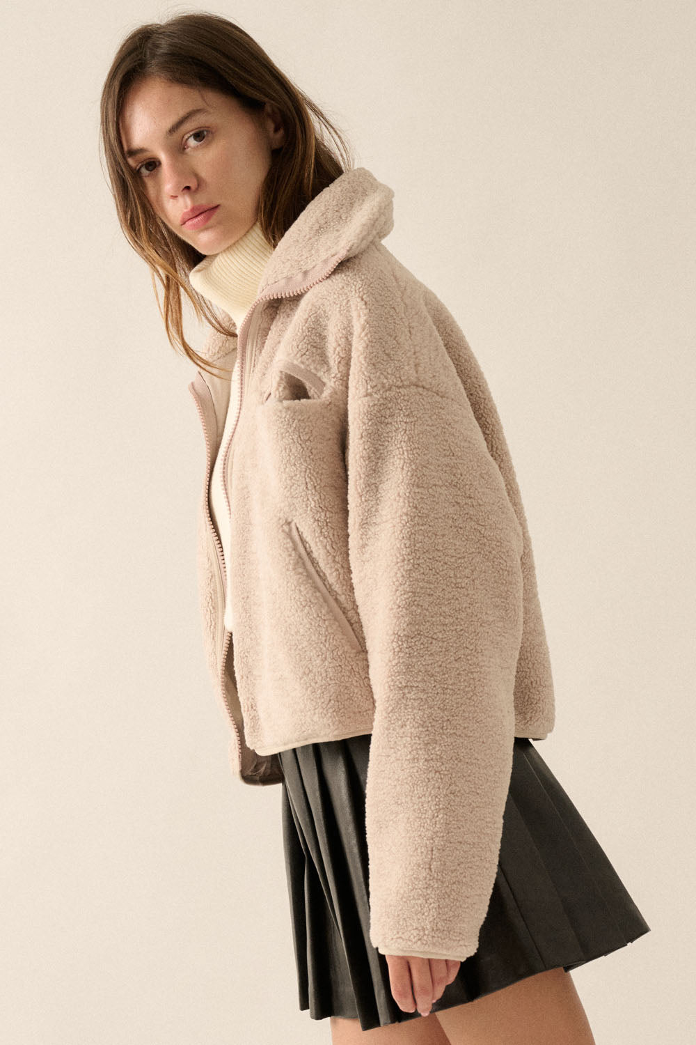 Solid Sherpa Fleece Zip-Up Pocket Jacket