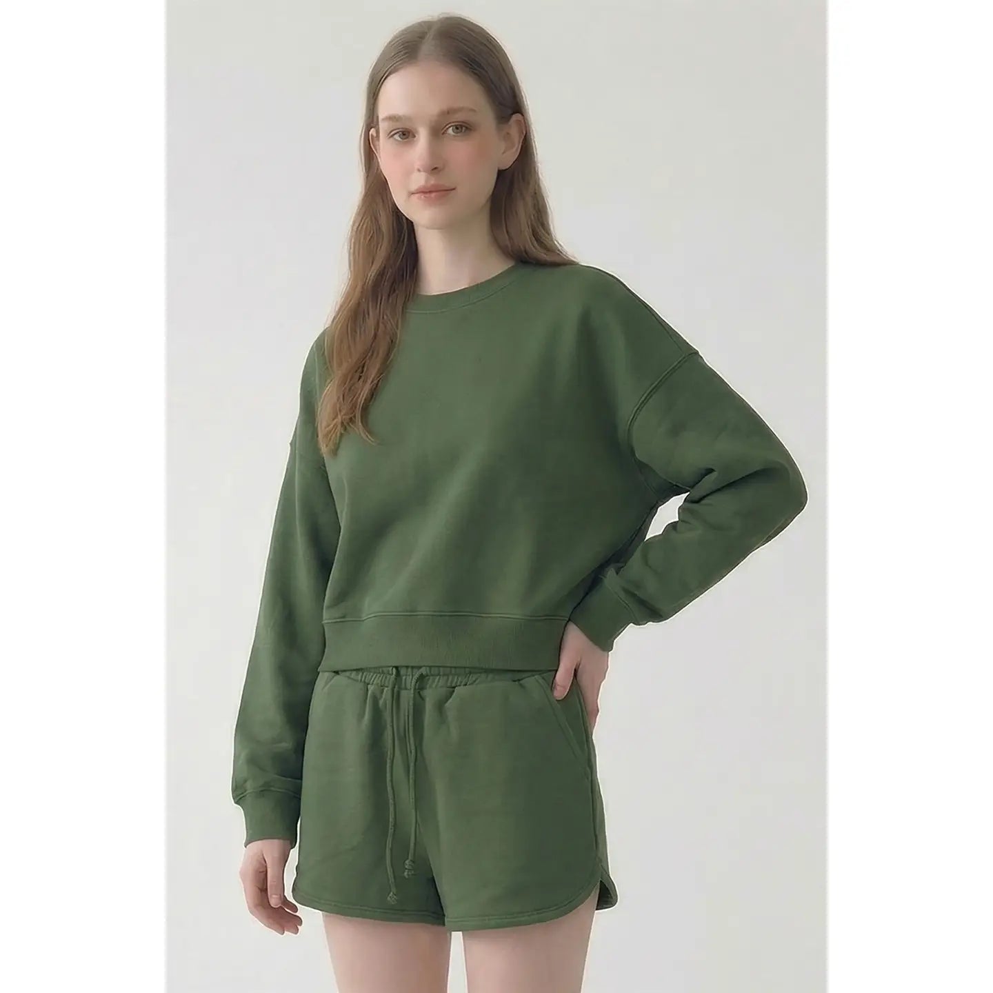 Cotton Oversized Cropped Crewneck - Olive Green