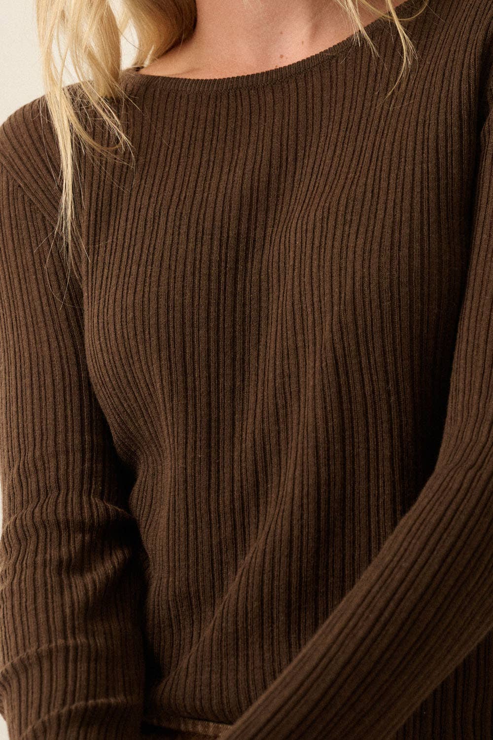 Solid Ribbed Knit Cropped Fitted Layered Bell-Sleeve Top