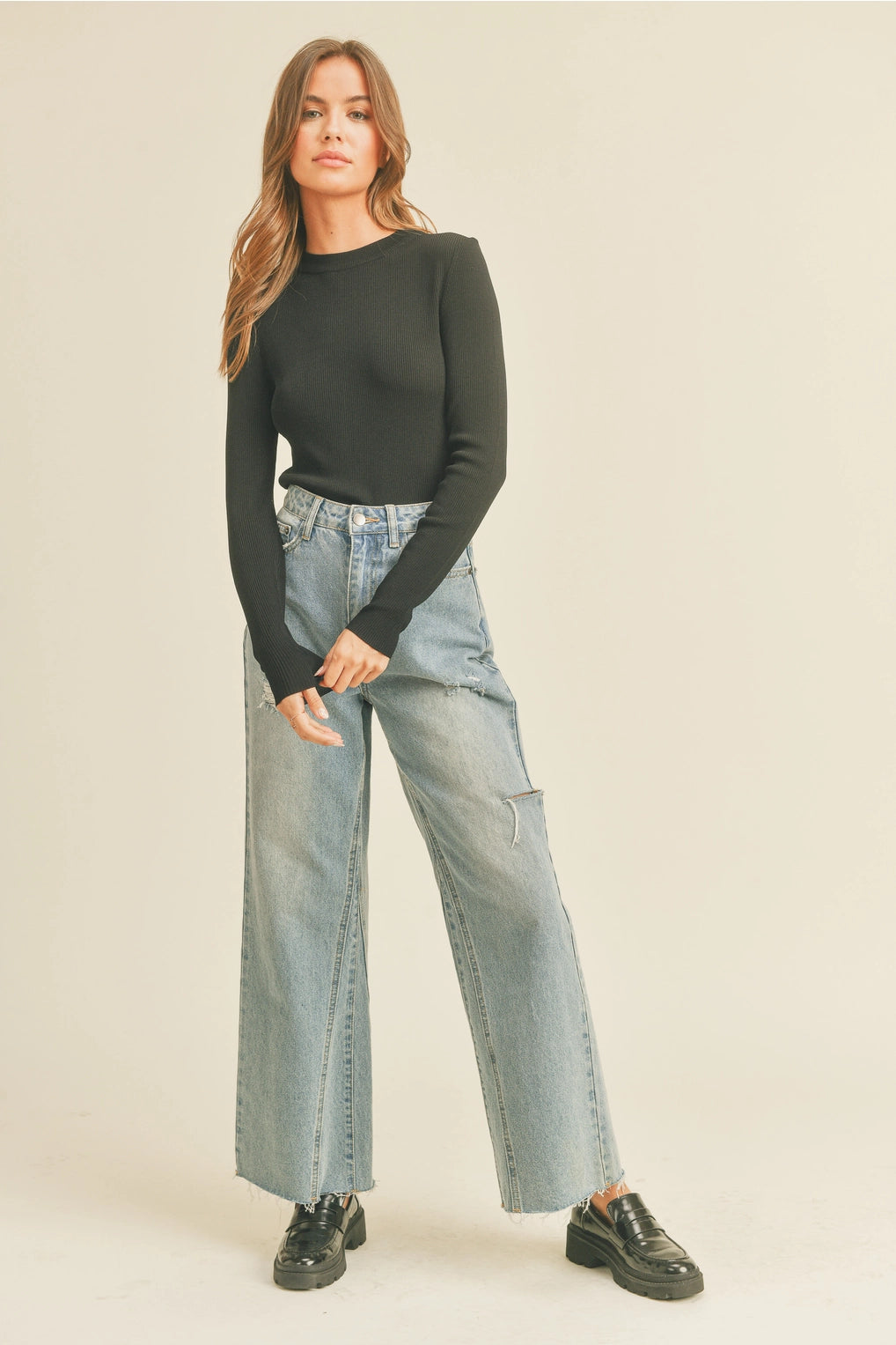 Ribbed Long Sleeve Basic Top (Black)