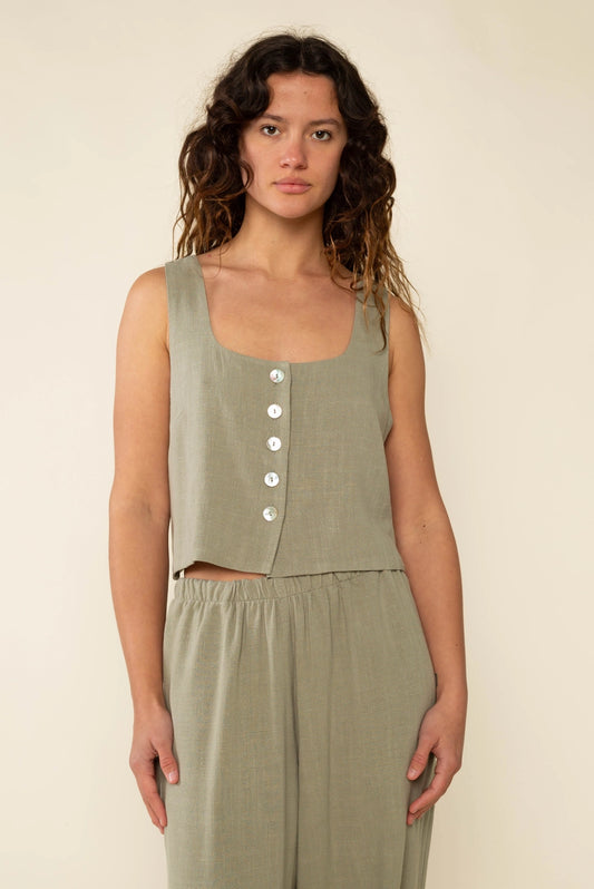 Square Neck Linen Vest | Sage