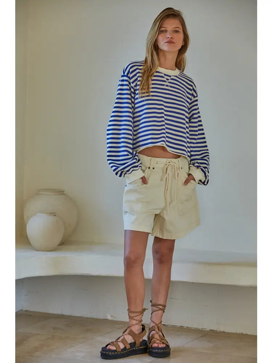 Knit Cotton Striped Crew Neck Long Sleeve Pullover