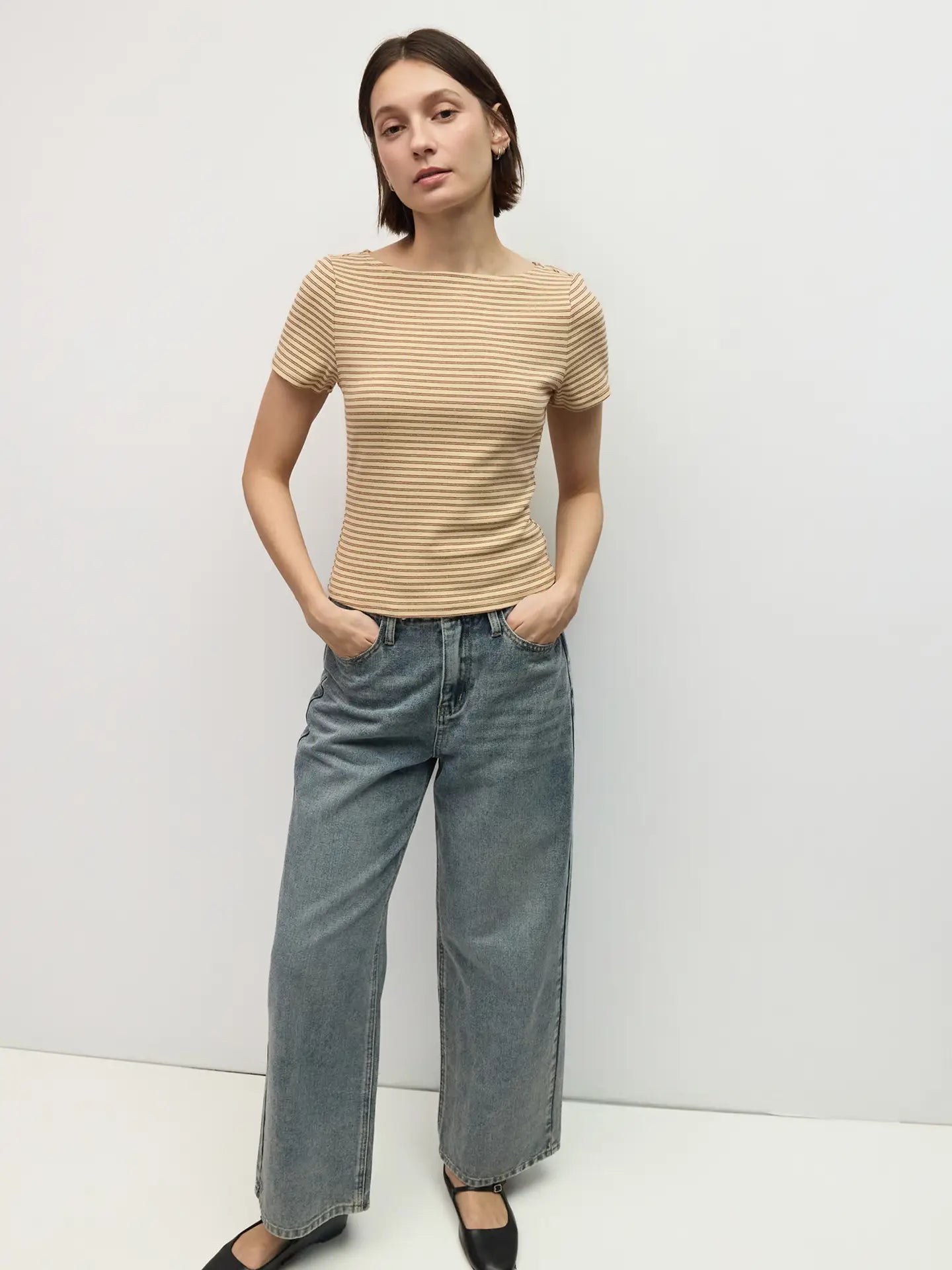 Striped Wide Neck Tee - Cream/Brown