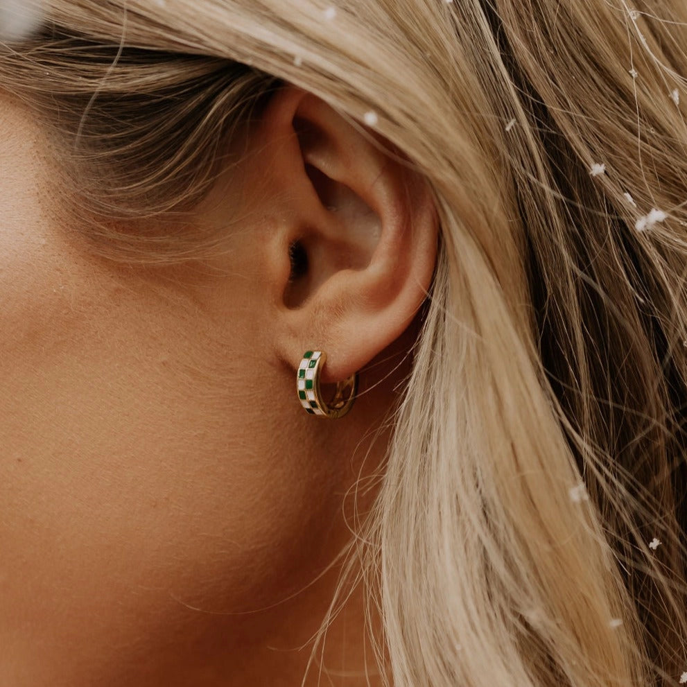 14k Gold Fill Green & White Checkered Hoops