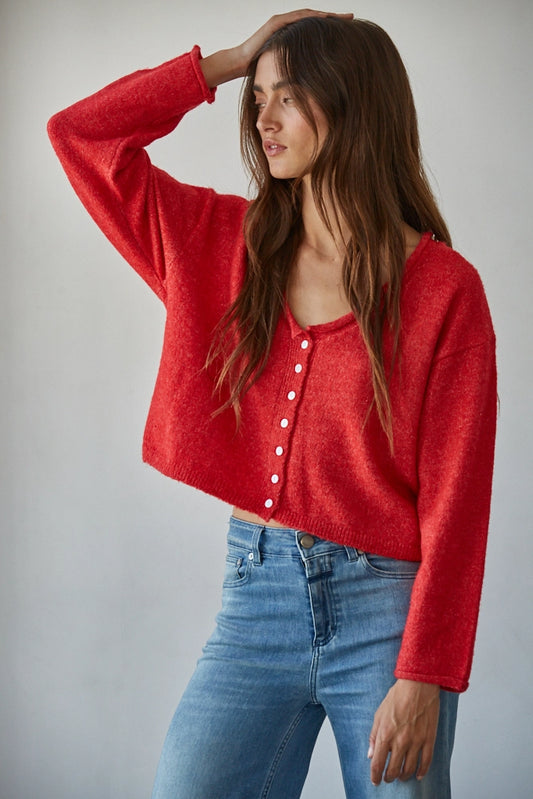 Knit Sweater Rolled V-Neck Long Sleeve Cardigan Top (Red)