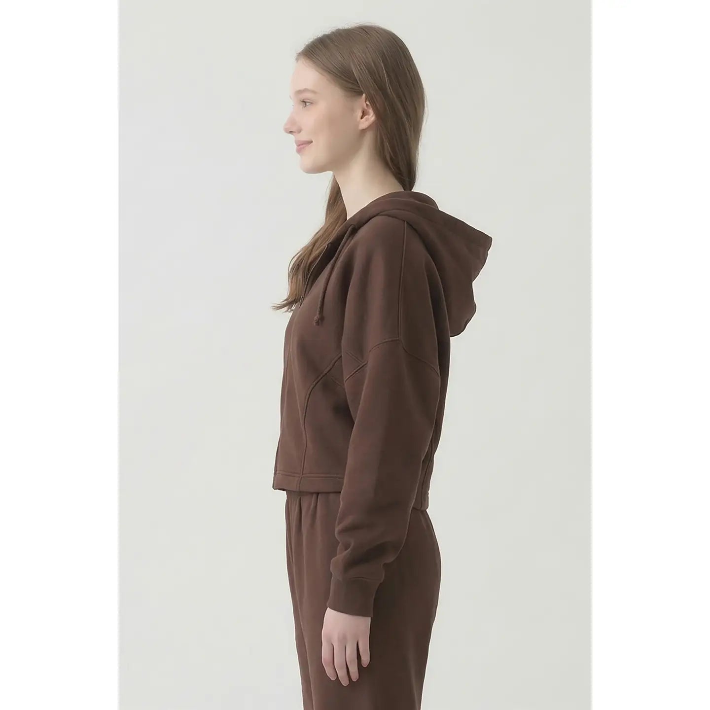 Cotton Boxy Crop Zip Hoodie - Chocolate