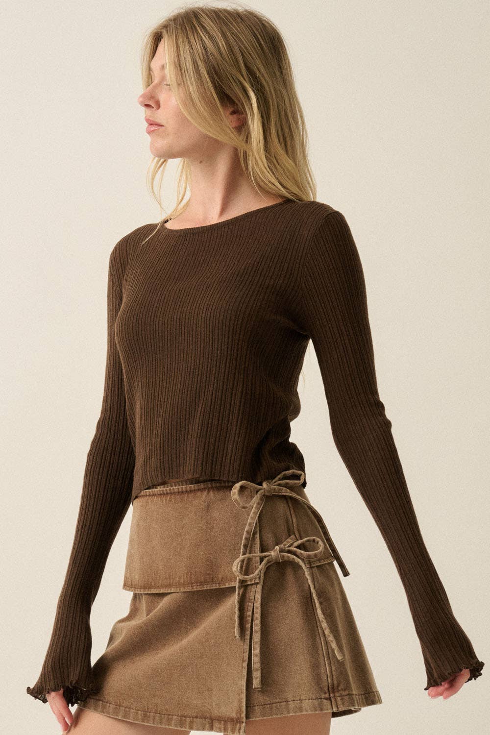 Solid Ribbed Knit Cropped Fitted Layered Bell-Sleeve Top