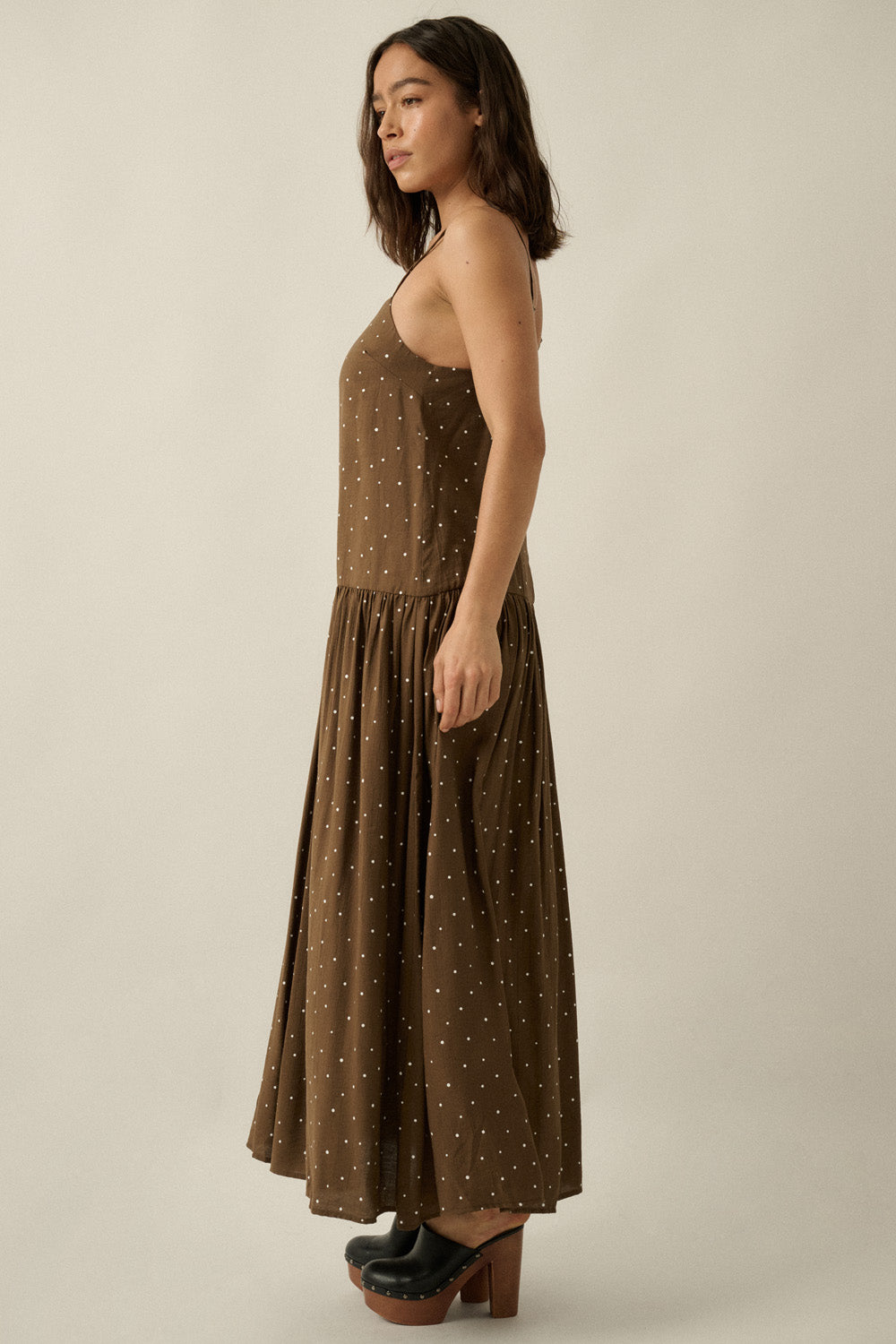 Polka Dot-Print Drop-Waist Cami Maxi Dress (Chocolate)