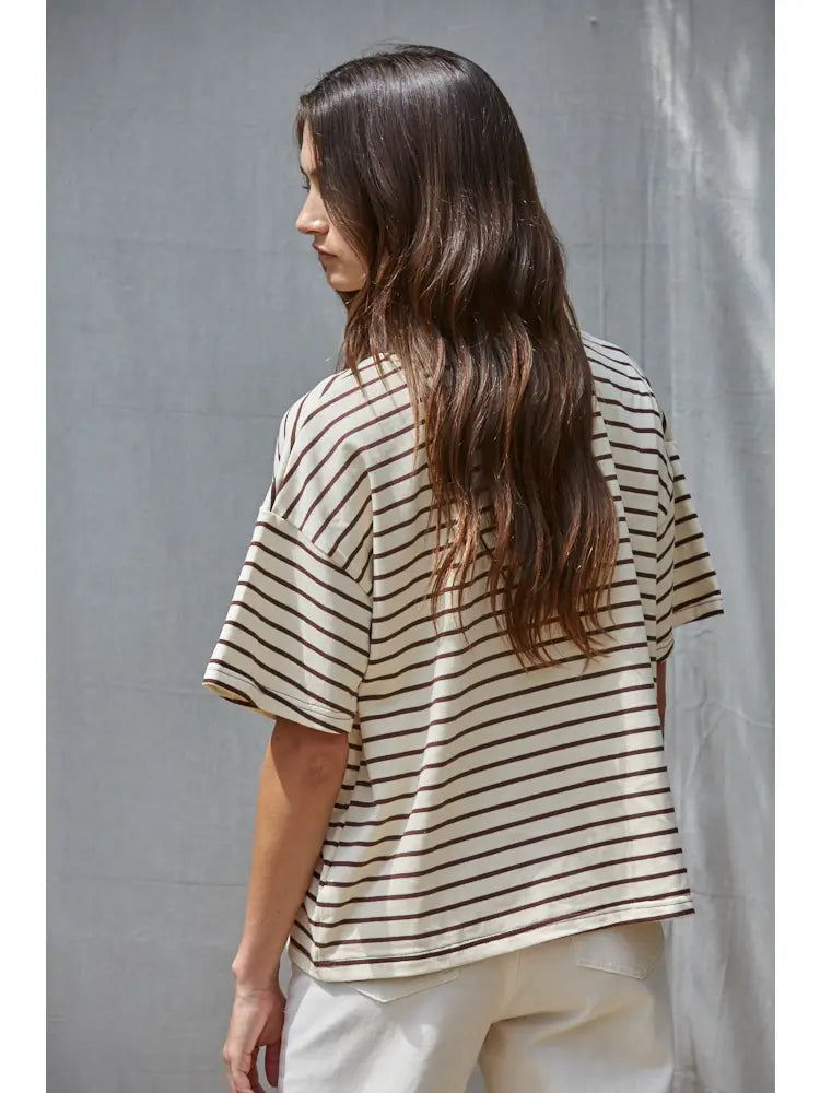 Knit Cotton Striped Short Sleeve Crew Neck Top