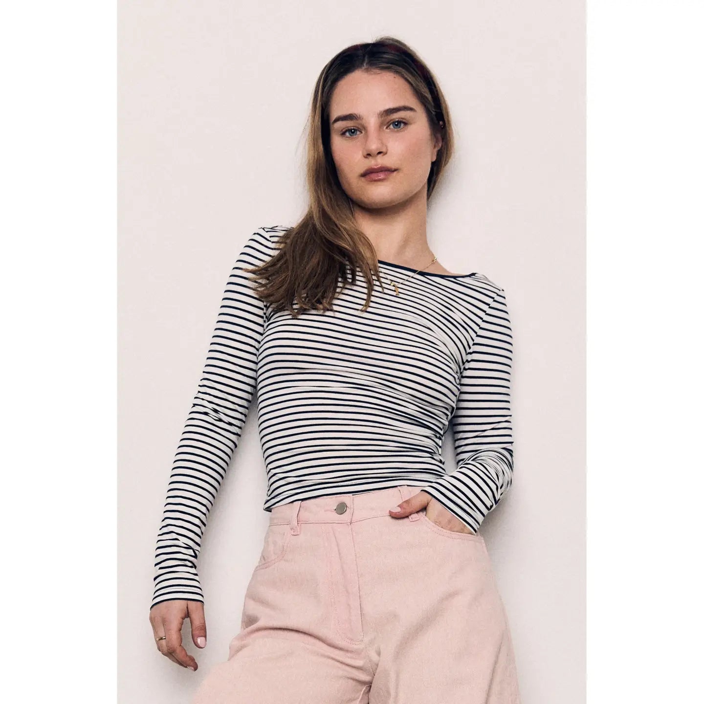 Open Back Striped Long Sleeve Fitted Cotton Tee