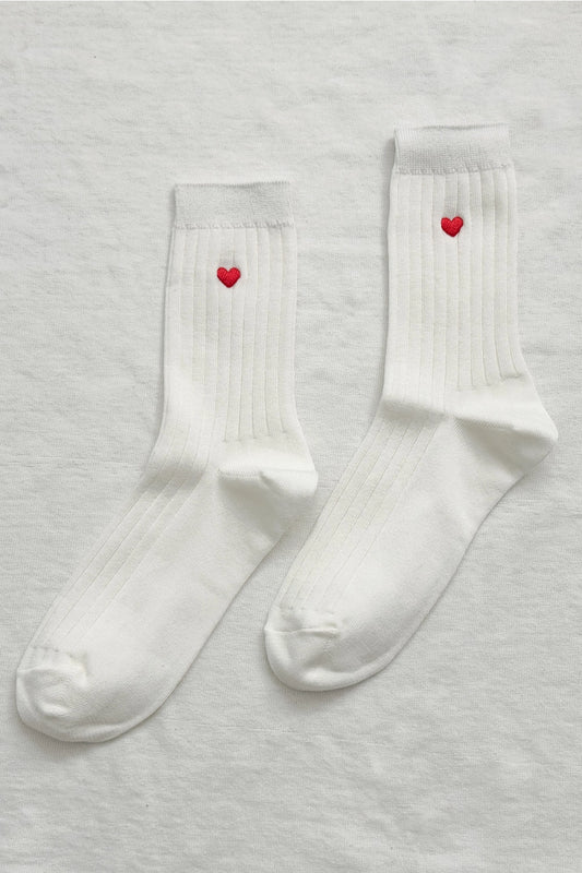 Embroidered Her Socks - Mercerized Combed Cotton Rib (Classic White + Heart)