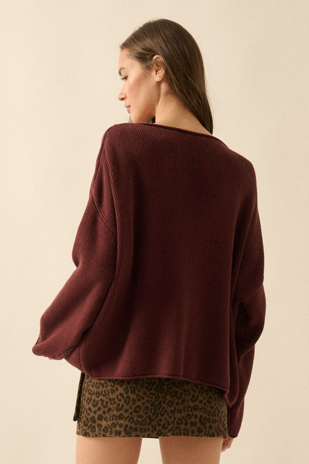 Solid Rib-Knit Oversized Boatneck Sweater (Baked Plum)