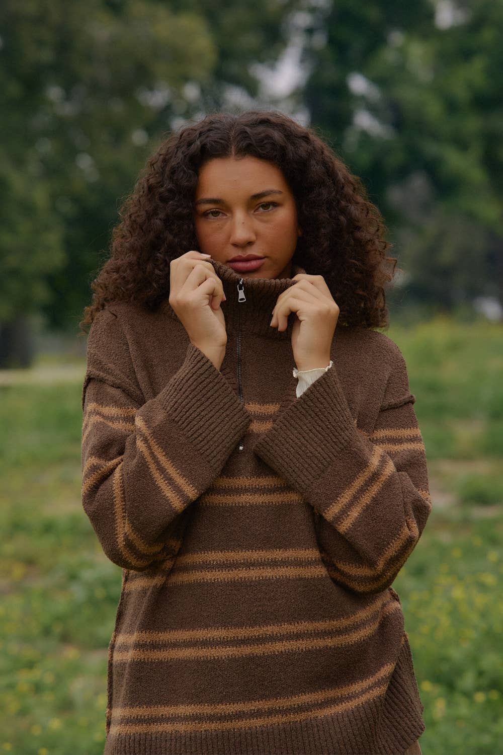 Textured Striped Knit Quarter-Zip Sweater