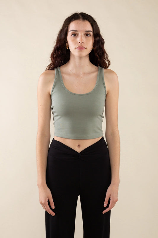 Crop Basic Tank | Scoop Neck Sleeveless Top - Artichoke