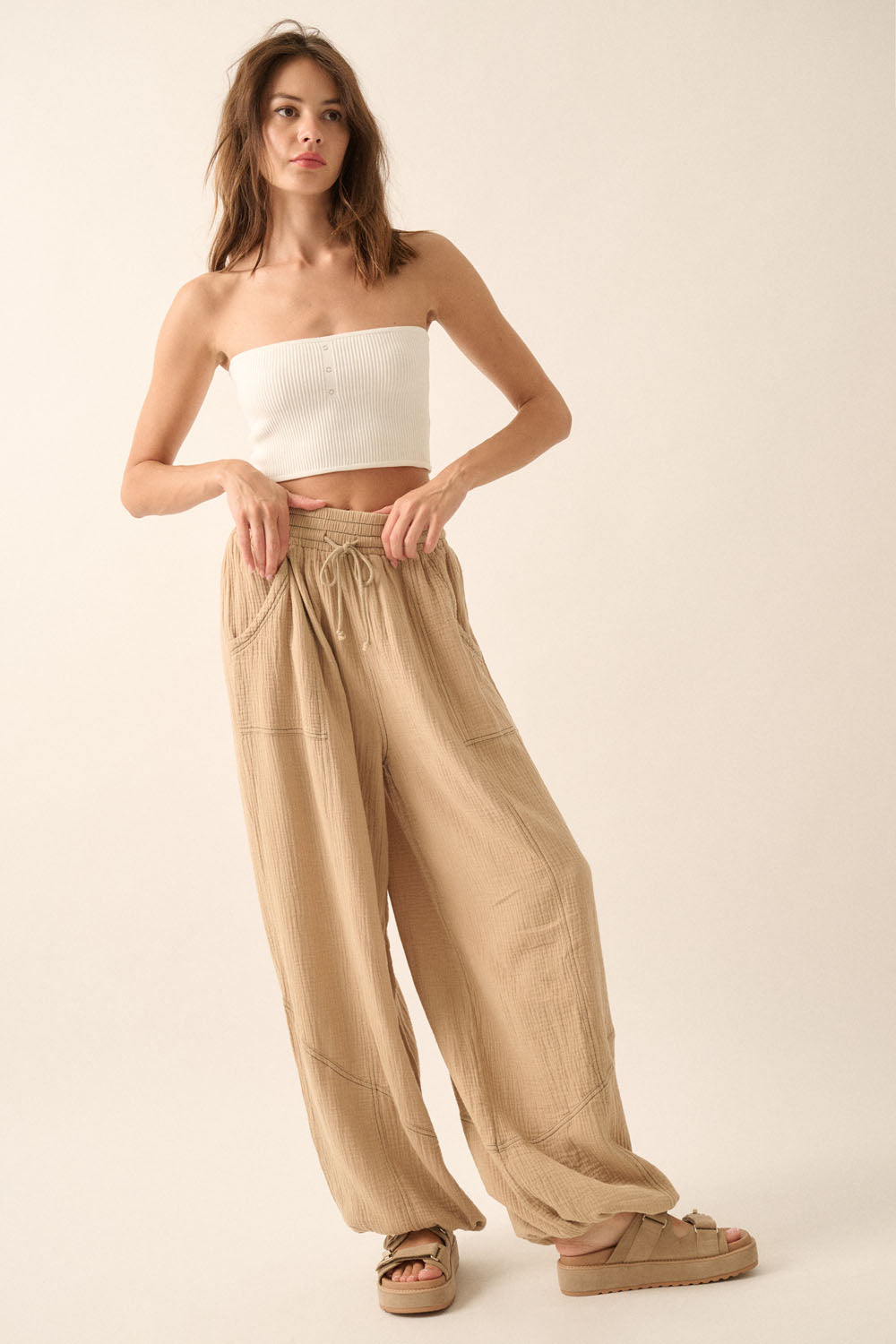 Mineral Washed Crinkle Cotton Parachute Pants (Sand)