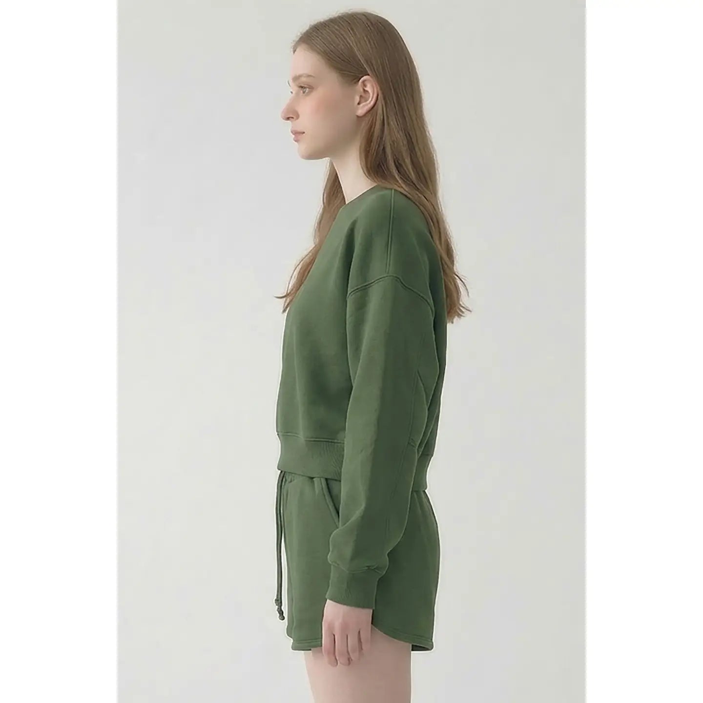 Cotton Oversized Cropped Crewneck - Olive Green