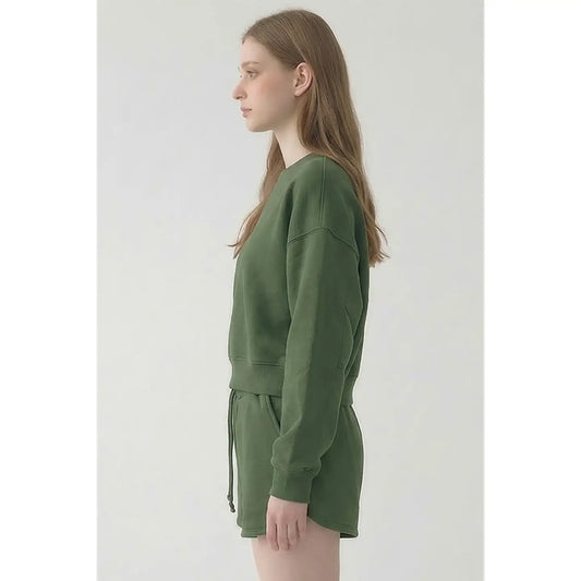 Cotton Oversized Cropped Crewneck - Olive Green