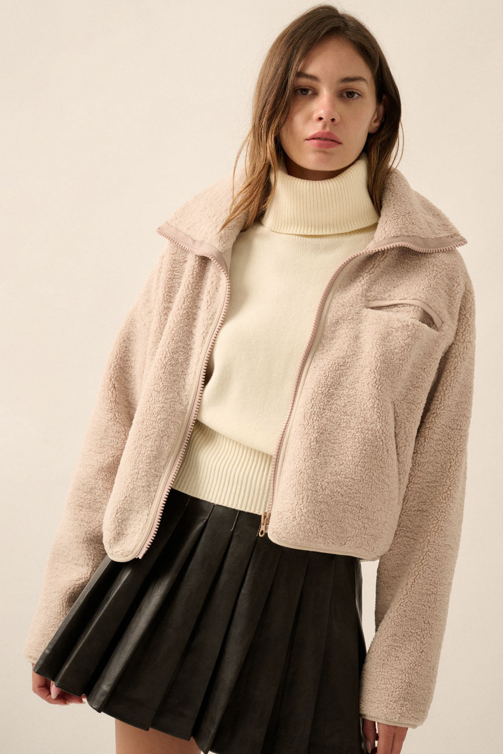 Solid Sherpa Fleece Zip-Up Pocket Jacket